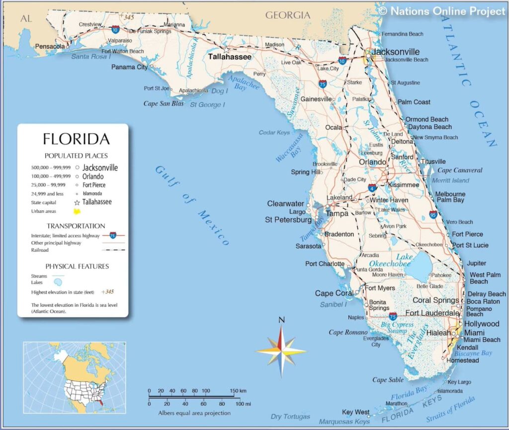 A colorful, detailed political map of Florida with key cities, roads, and physical features
